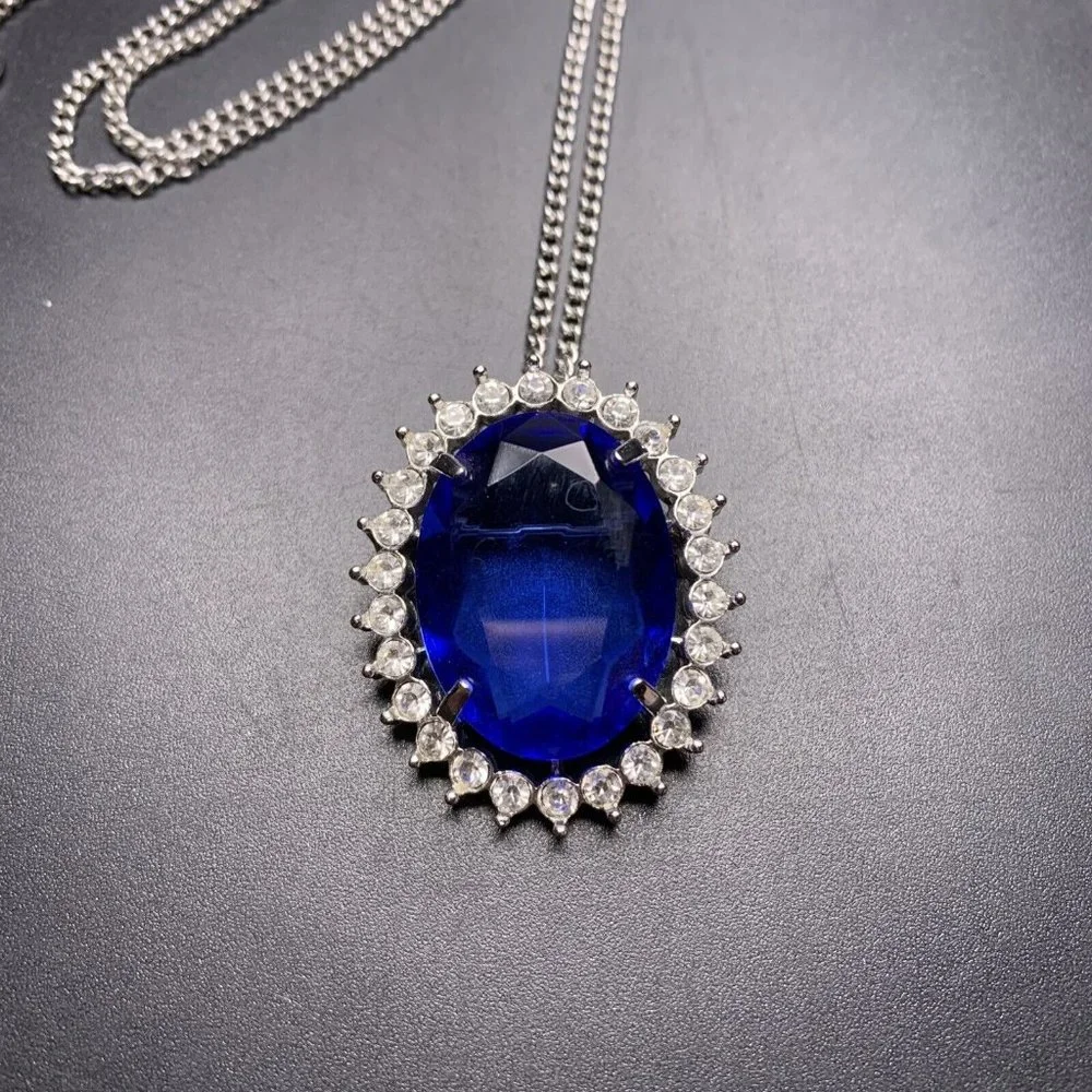 Faux Sapphire Pendant Necklace or Brooch Glass Oval Silver Tone Glam Vintage